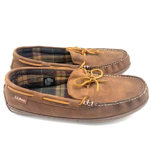 LL Bean Mens Flannel-Lined Moccasin Slippers Size 10M Brown Leather House Shoes - Picture 3 of 9